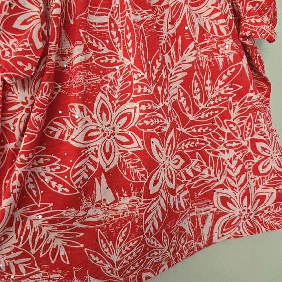 CATHY DANIELS Women's Blouse Floral Red Bling Shirt Size 3X Easter - Picture 3 of 9